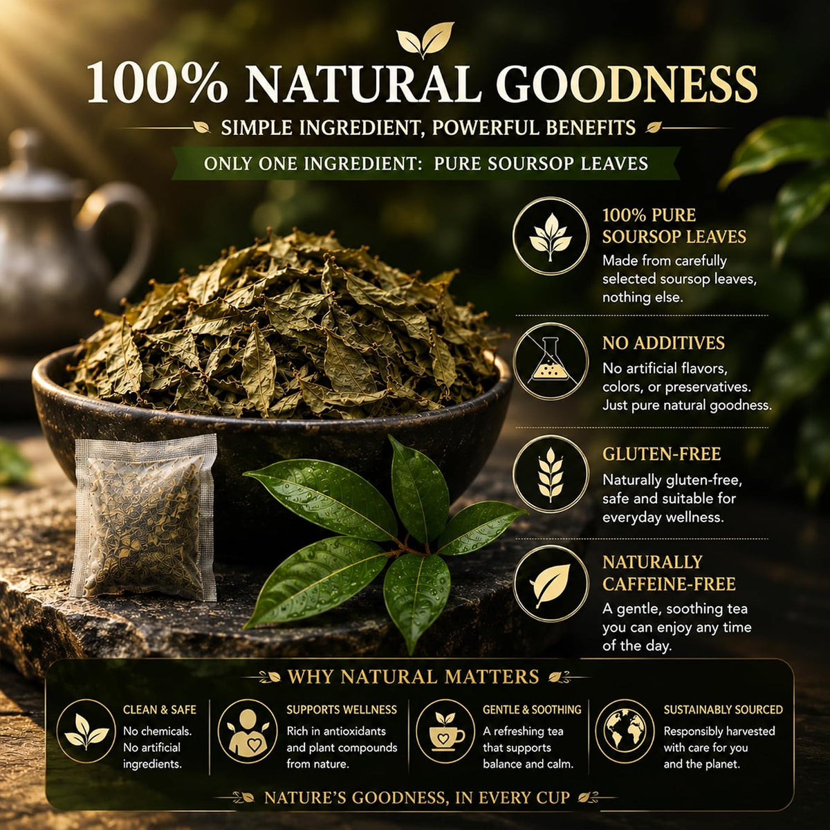 WOTIHA 45 Count Premium Soursop Graviola Tea Bags - 100% Natural soursop leaves, Non-GMO, Caffeine/Sugar/Gluten Free Vegan, Food-Grade Biodegradable Bags, Hojas De Guanabana.