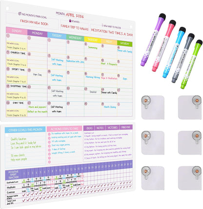 Magnetic Whiteboard for Fridge - Large Dry Erase Calendar for Wall | 2 Magnetic Dry Erase Board 10.5" x 16.5" & 7" x 16.5", Monthly Goal Setting & Habit Tracker, 5 Markers and 6 Adhesive Hooks