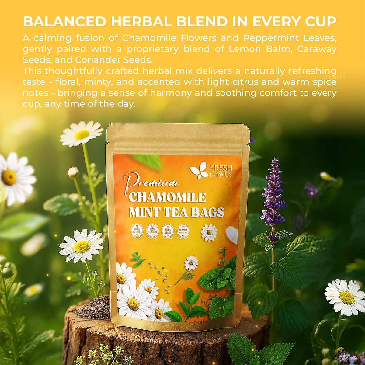 FreshDrinkUS, Chamomile Mint Tea Bags | 135 Count | Refreshing Herbal Blend of Chamomile Flower, Peppermint, Lemon Balm & Others – Smooth Floral & Minty Flavor – Premium Quality, Caffeine-Free
