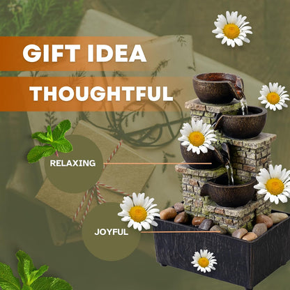 Haobos Indoor Tabletop Fountain 3-Tier Rockery Relaxation, Soothing Sound Home/Office/Bed Room Decor,Gifts for Mom/Grandma Relaxing Waterfall Meditation Tabletop Fountain LED Lights