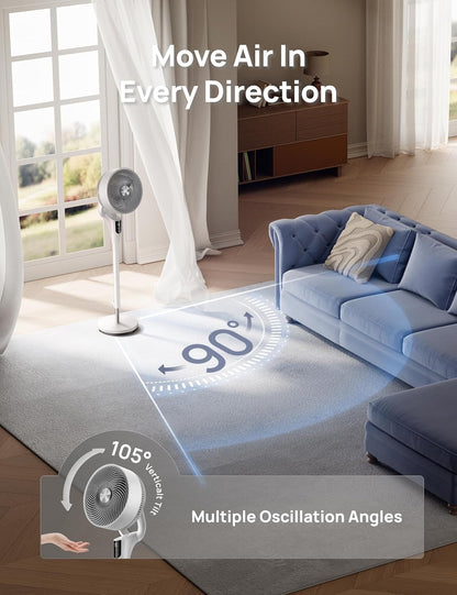 DREO Fan for Bedroom, 2026 Upgraded, 90ft Airflow, 20dB Quiet Fan, 90° Oscillating Standing Fan for Whole Room, DC Motor, 8+H Speeds, 3 Modes, 38-42'' Adjustable Height, 8H Timer, 105° Manual Vertical