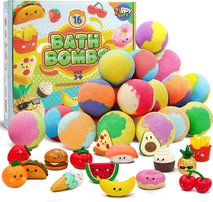 Zippytots Kids Bath Bombs with Food Toys Inside, 16 Pack Colorful Surprise Bath Fizzies Set, Organic Fizzy Bubble Bath Bombs for Girls & Boys, Ages 3+
