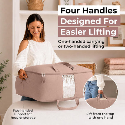 Soft Canvas Storage Bags with Zipper. Thick Breathable, 2pc King/Queen Comforter Organizer. Four Carrying Handles and Window. Large 25x19x9in Bag for Sheets Blankets Bedding Pillows, Clothes