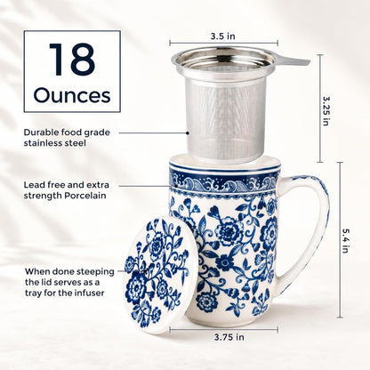 AmorArc Porcelain Tea Mug with Infuser and Lids, 18 Oz Large Cup Strainer with Bag Holder for Loose Leaf Tea, Steeping Coffee Mug for House-warming Wedding Birthday Gift