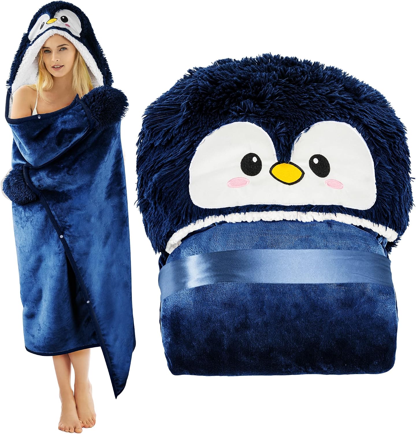 Penguin Wearable Hooded Blanket for Adults – Super Soft Warm Cozy Plush Flannel Fleece & Sherpa Hoodie Throw Cloak Wrap - Penguin Gifts for Women Adults Girls and Kids