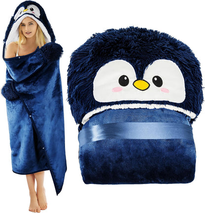 Penguin Wearable Hooded Blanket for Adults – Super Soft Warm Cozy Plush Flannel Fleece & Sherpa Hoodie Throw Cloak Wrap - Penguin Gifts for Women Adults Girls and Kids