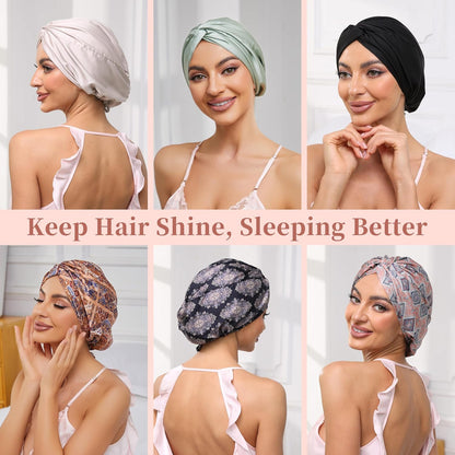 Adjustable Silk Satin Bonnet for Sleeping Hair Wrap, Double Layer Sleep Cap, Night Turban for Large Long Curly Braid Women Men Hair - Matcha Green