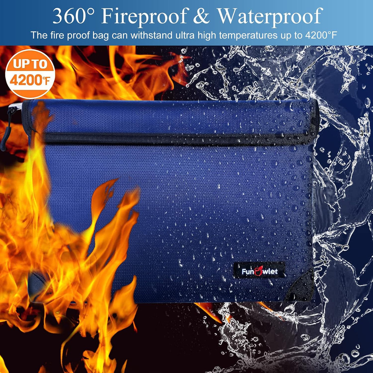 Fireproof Waterproof Money Document Bag, 13.9"x10.6", Blue