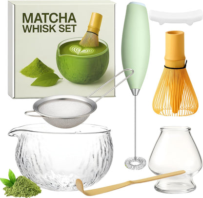 Matcha Whisk Set with Matcha Bowl - Matcha Set Included Electric Frother, Bamboo Whisk, Matcha Spoon, Bamboo Holder, Sifter, Spoon Stand (Mottled Green)