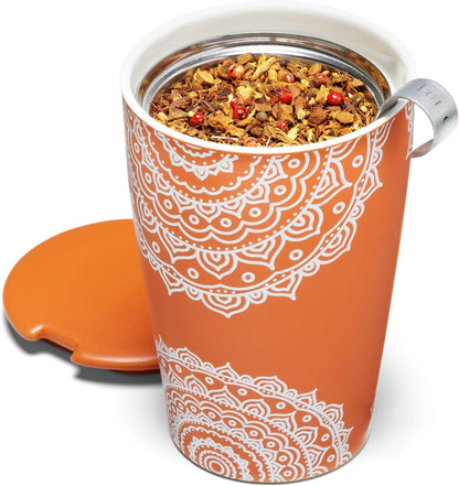Tea Forte Double-Walled Ceramic Kati Cup, Removable Stainless Steel Infuser Basket and Lid, Steeps 12 oz Loose Leaf Tea, Dishwasher & Microwave Safe, Cherry Blossom