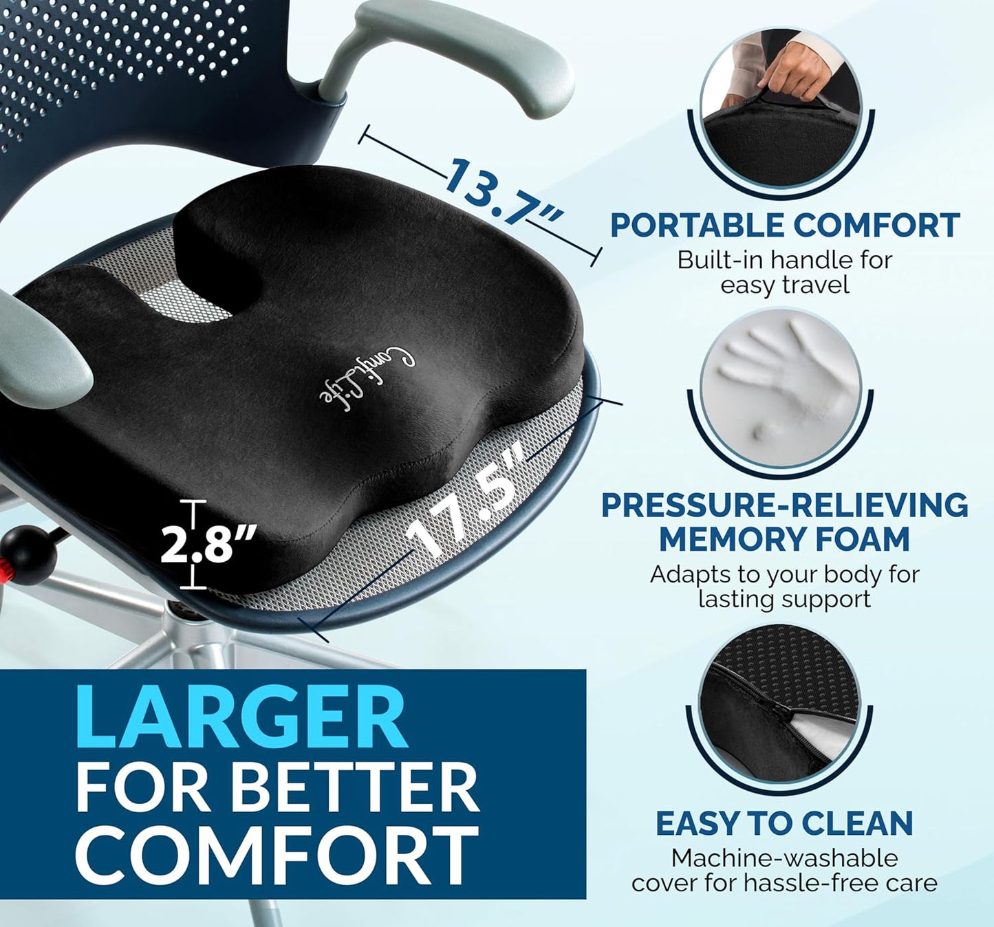 ComfiLife Gel Enhanced Seat Cushion – Office Chair Cushion – Non-Slip Gel & Memory Foam Coccyx Cushion for Tailbone Pain - Desk Chair Car Seat Cushion Driving - Sciatica & Back Pain Relief (Navy)