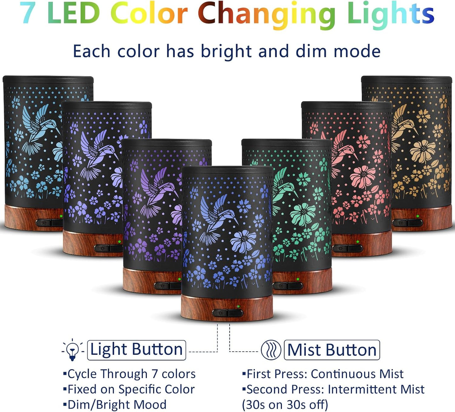 EQUSUPRO Essential Oil Diffuser 300ml Metal Electric Ultrasonic Diffuser for Large Room with Auto Shut-Off, 4 Timer Setting &7 Colors Night Light for Home