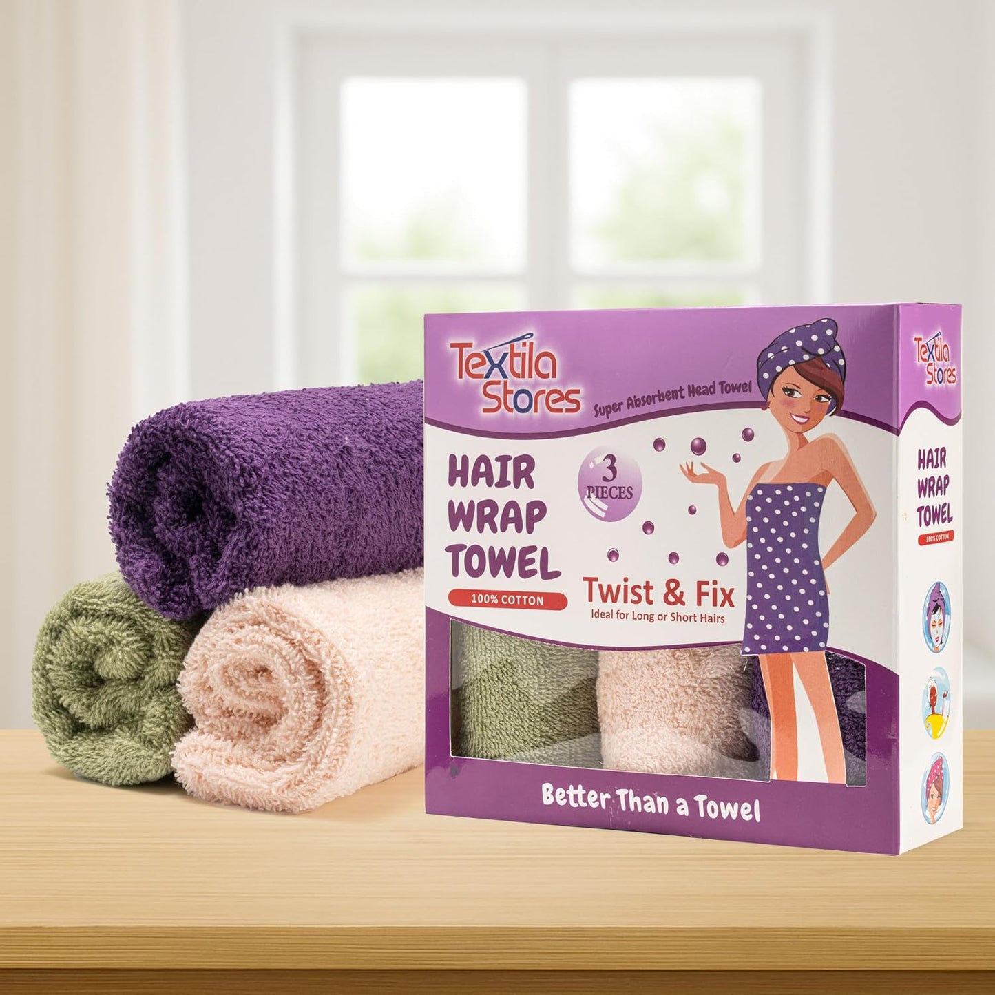 Textila 100% Cotton Hair Wrap Towels for Women (Pack of 2, Raspberry & Green) – Soft & Absorbent Turban Towels for Long, Curly, Frizz-Prone Hair