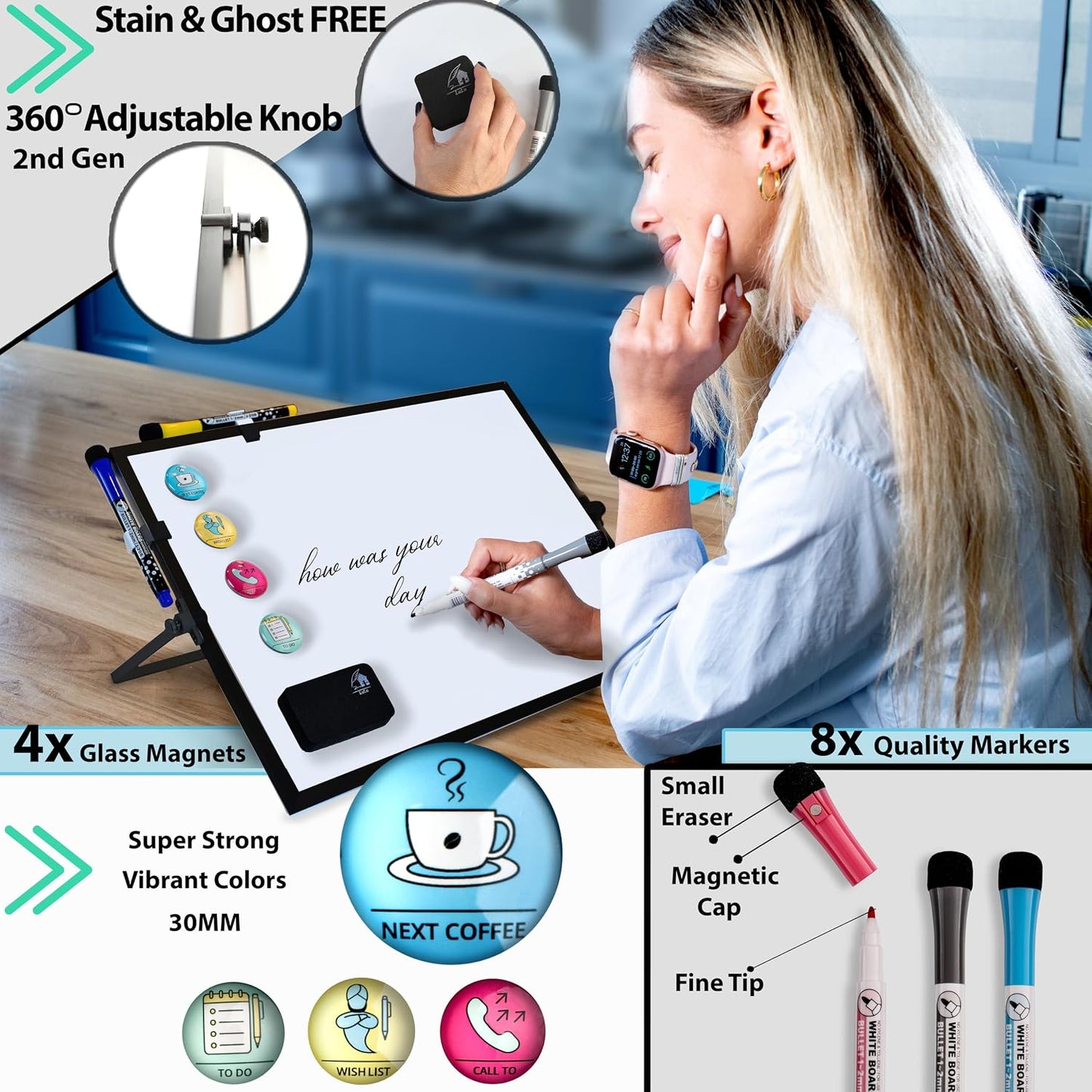 Dry Erase White Board for Desktop & Wall 12"x16" with 2 Magnetic Removable Planners - Weekly & Monthly to Do List Board with Stand, 6 Markers Eraser & Wall Hangers - Portable Double Sided Magnetic