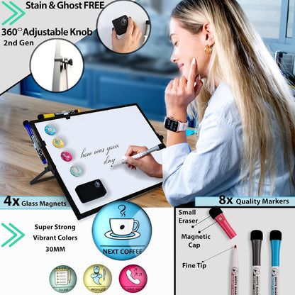 Dry Erase White Board for Desktop & Wall 12"x16" with 2 Magnetic Removable Planners - Weekly & Monthly to Do List Board with Stand, 6 Markers Eraser & Wall Hangers - Portable Double Sided Magnetic