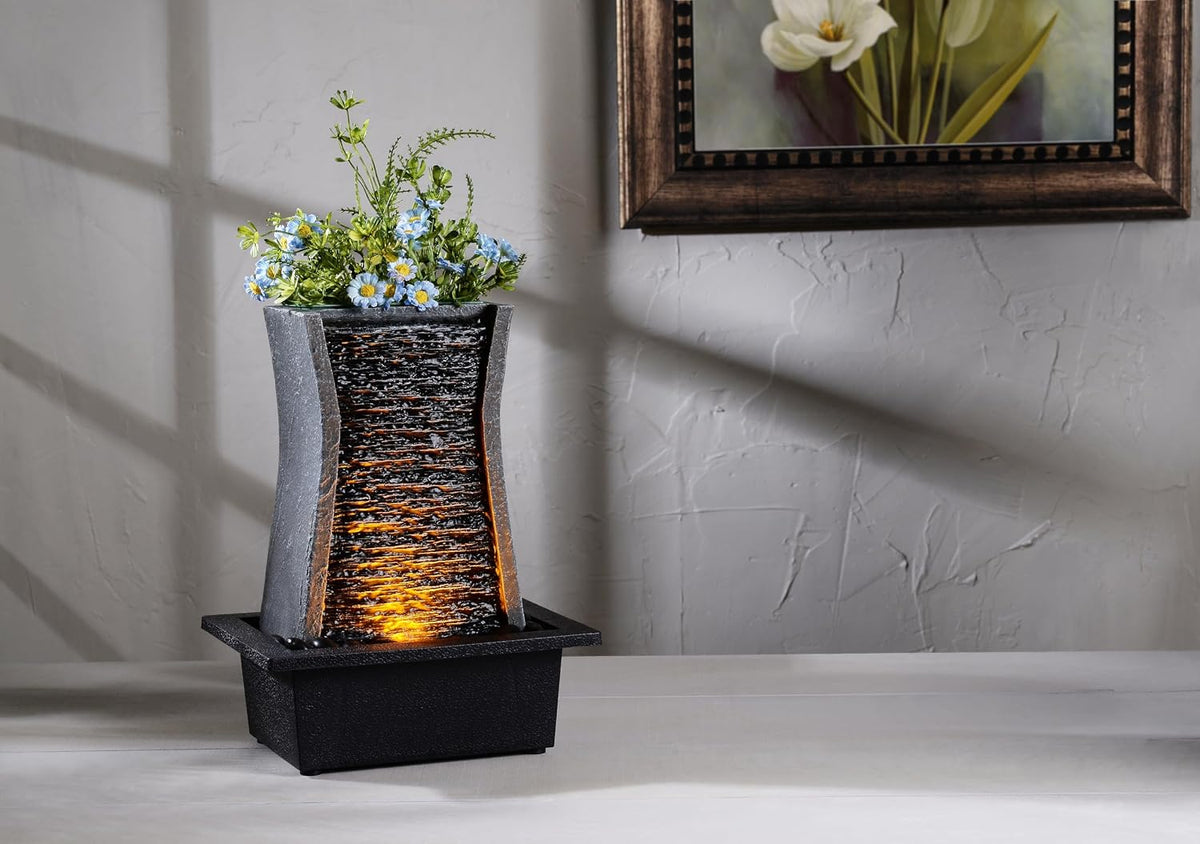GOSSI 3-Tier Stone Wall Tabletop Water Fountain with Natural River Rocks, LED Lights, Zen Meditation Waterfall for Office and Home Decor, Relaxing Desktop Fountain, Christmas Decoration