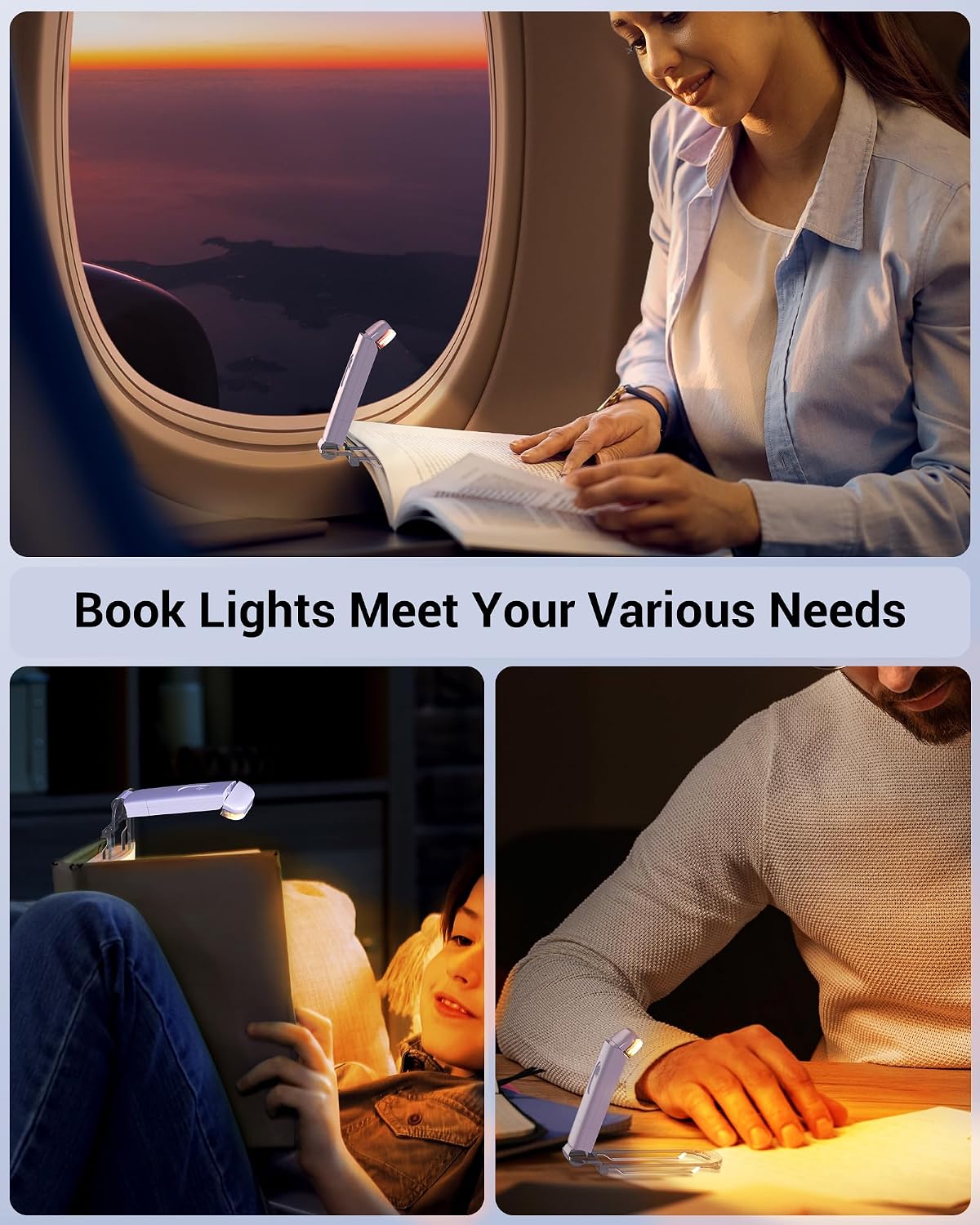 DEWENWILS Book Reading Light, USB Rechargeable Booklight for Reading at Night, LED Clip On Book Lights for Kids, Bookworms, Blue Light Blocking, Amber + Warm White (Green)