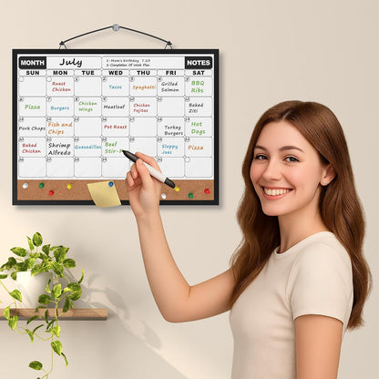 Monthly Calendar Dry Erase Board 16x12 Inch, Double-Sided Whiteboard and Corkboard Combo, Wall Mounted Planner Organizer with Markers, Magnets, Push Pins, Eraser, for Home Office School
