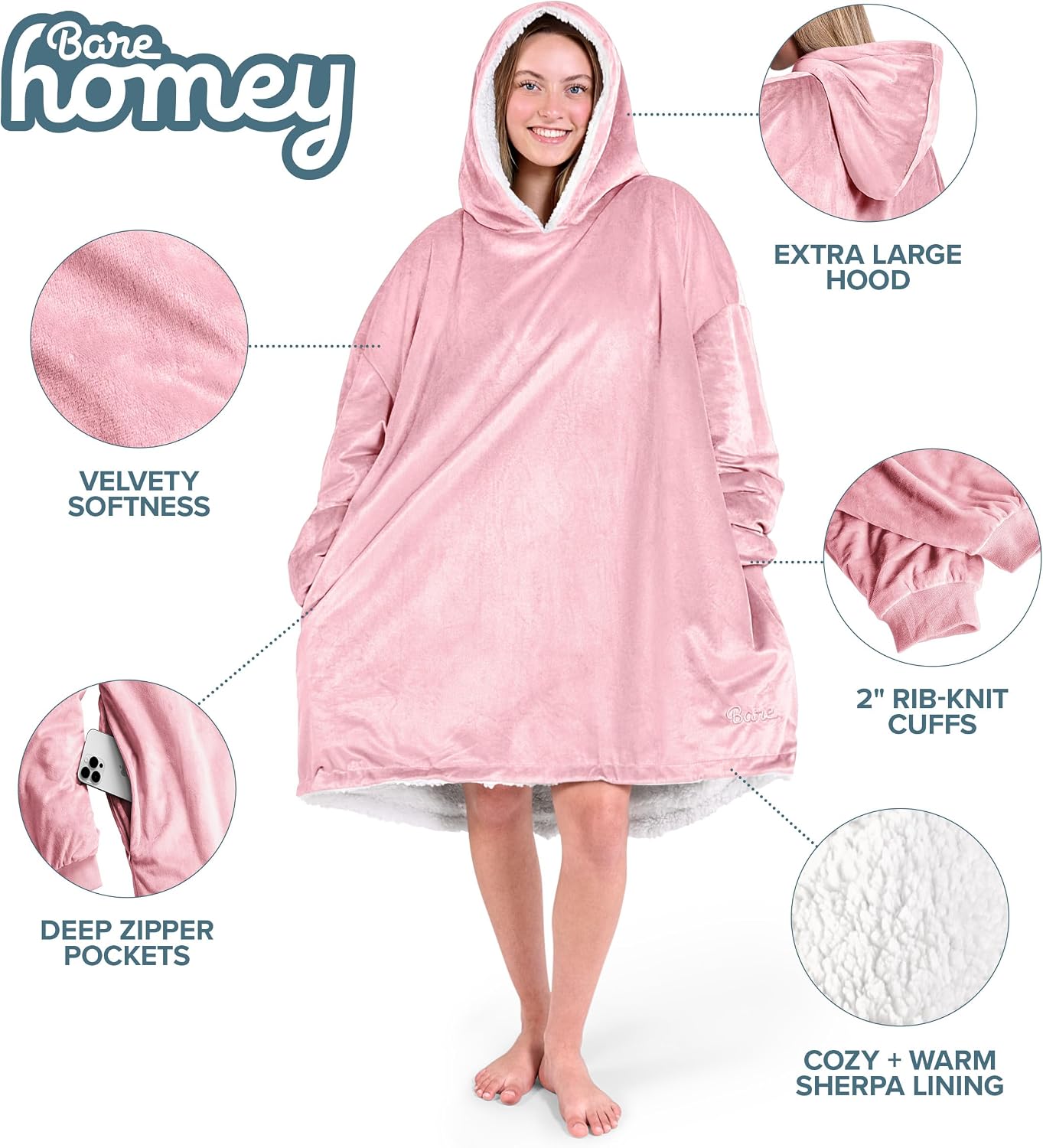 Bare Home Wearable Blanket Hoodie - Soft Plush Sherpa - Warm and Cozy - Oversized Wearable Blanket