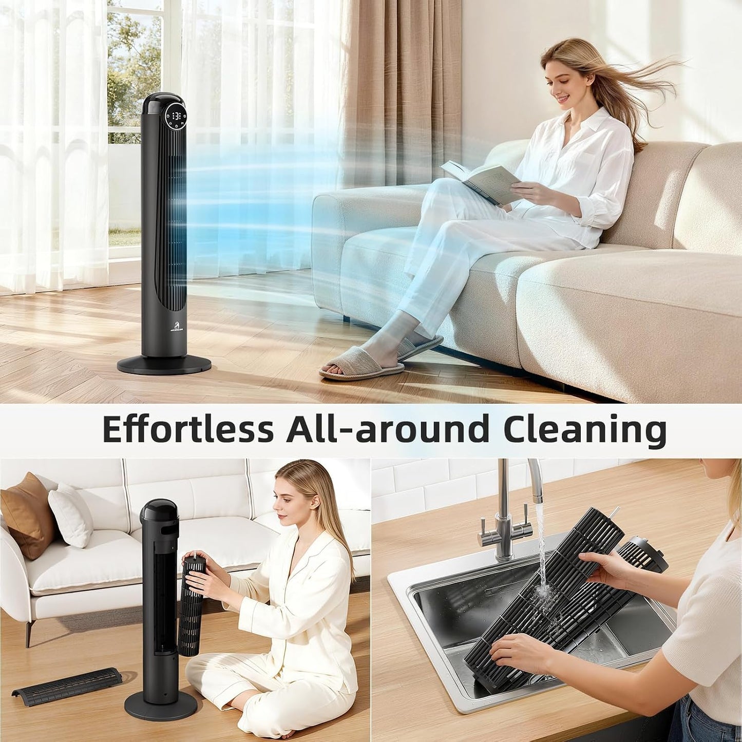 Antarctic Star T36 Tower Fan-36 Inch, Bladeless Oscillating Fan with Remote, 6 Speeds & 4 Modes, LED Display, 9H Timer, Quiet Floor Standing Fan for Bedroom Living Room Office, Pink