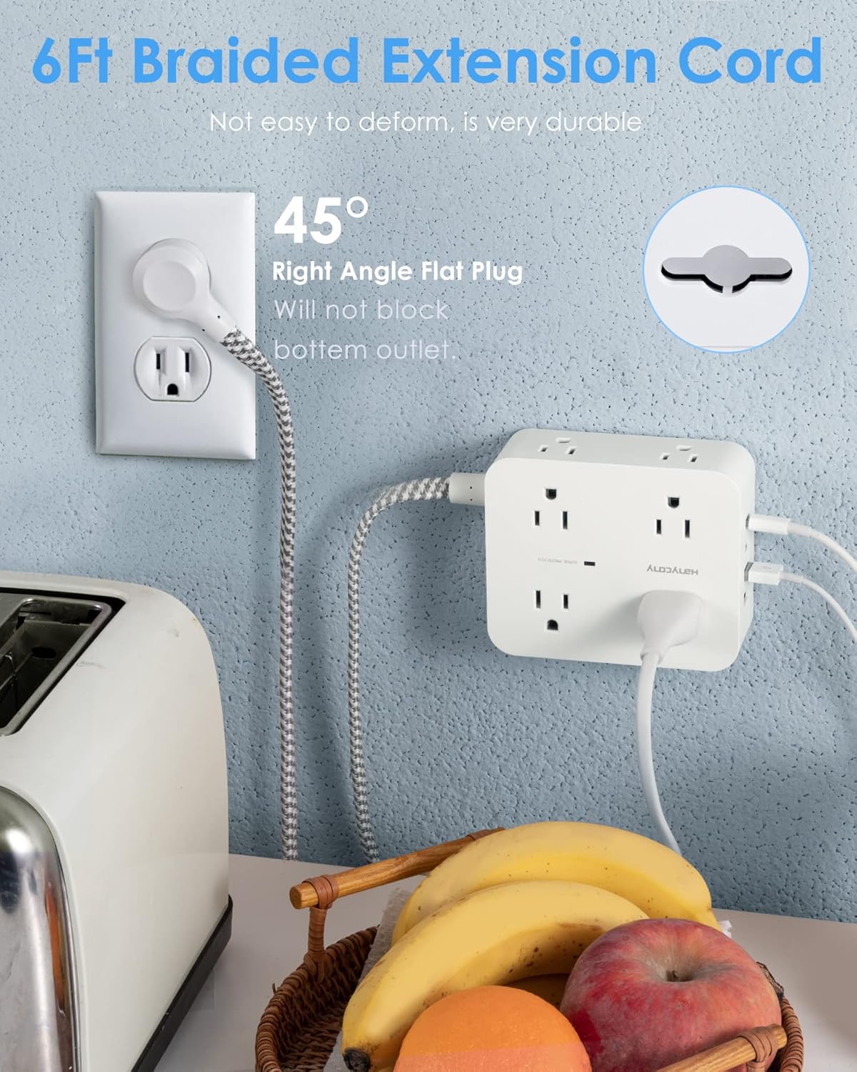 HANYCONY Surge Protector Power Strip, 1080J, 5 Ft Braided Extension Cord