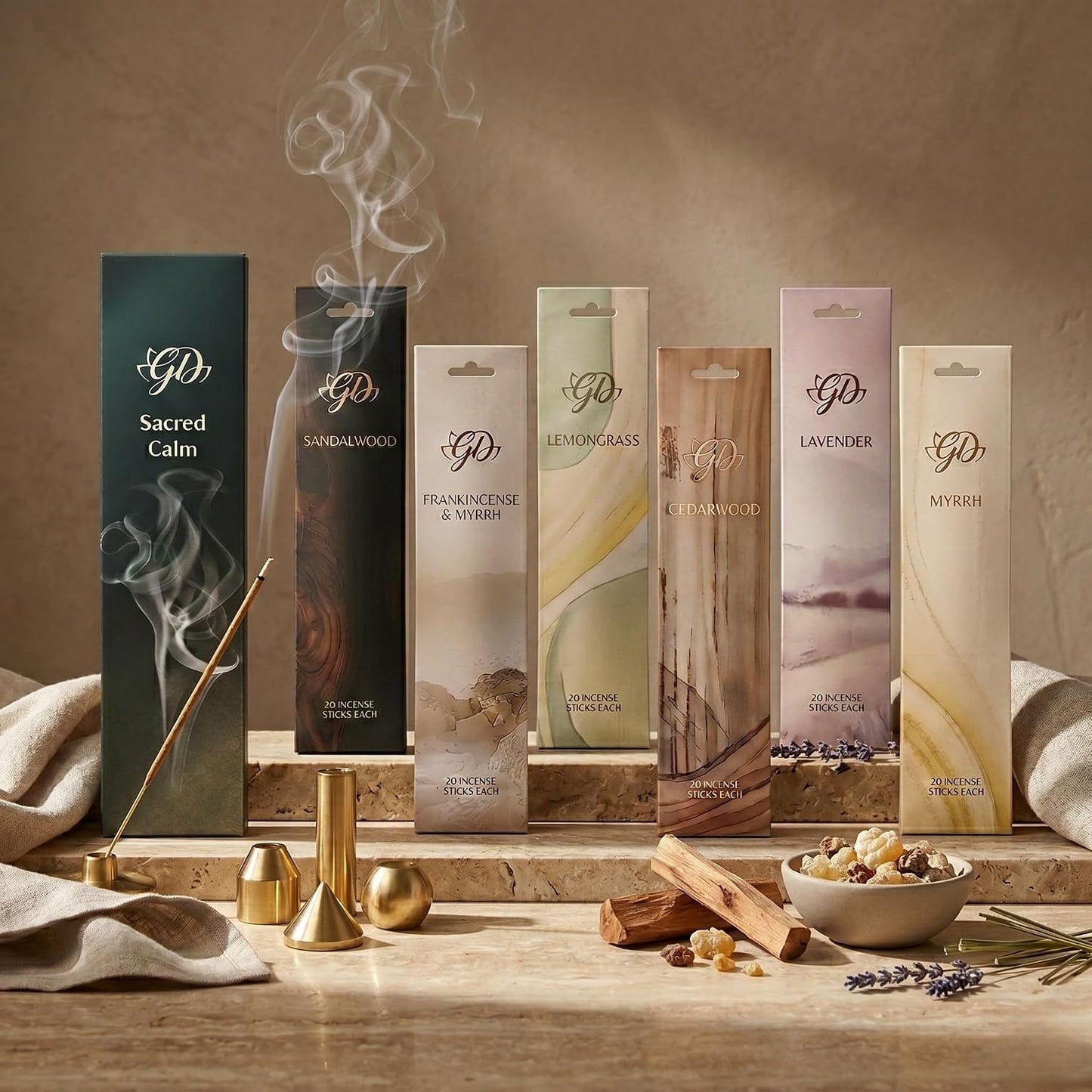 Incense Sticks Variety Pack with Wooden Holder | Nag Champa, Rose, Lavender, White Sage, Frankincense, Palo Santo & Sandalwood | Hand-Rolled Masala Incense