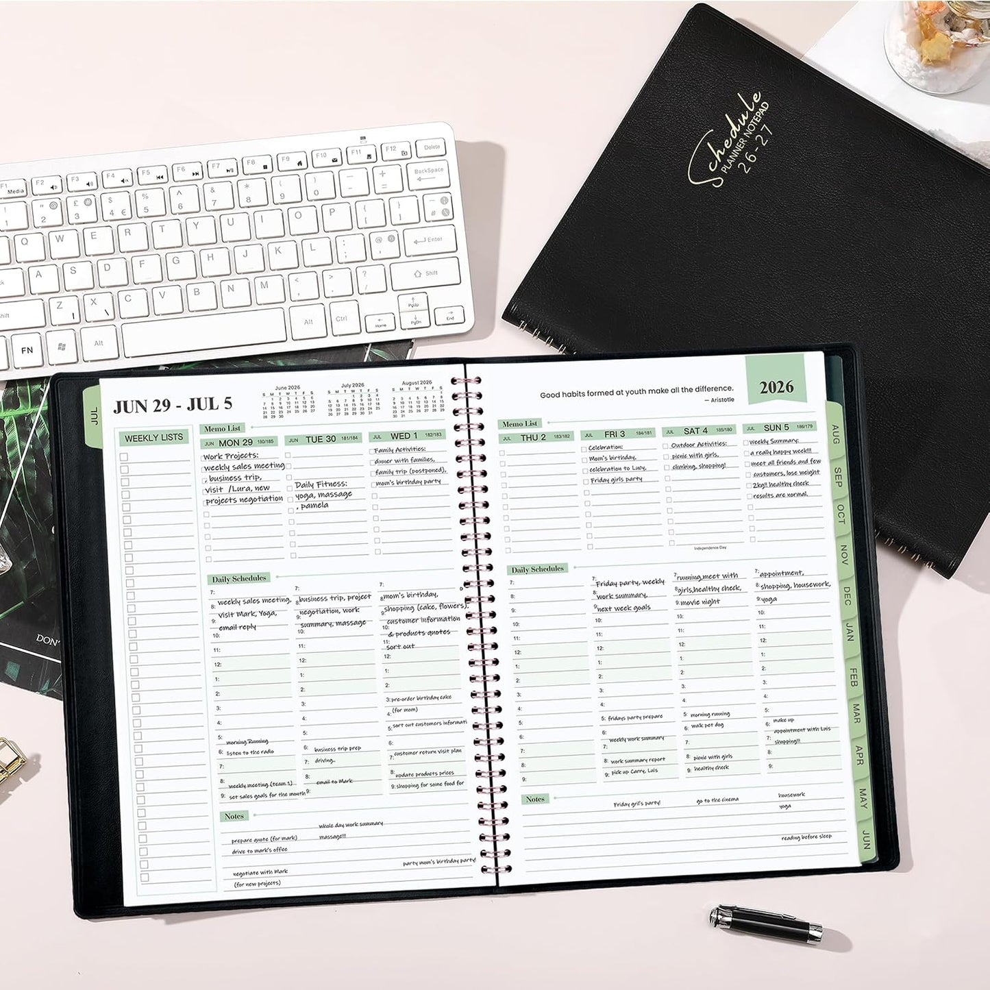 Appointment Book 2026-2027- Business Planner, JUL 2026 - JUN 2027,Planner 2026-2027, 3-Tier Schedule Planner, 8.74" x 11.38", 60 Minutes Intervals + Monthly Tabs + Leather Cover + Pocket - Pea Green