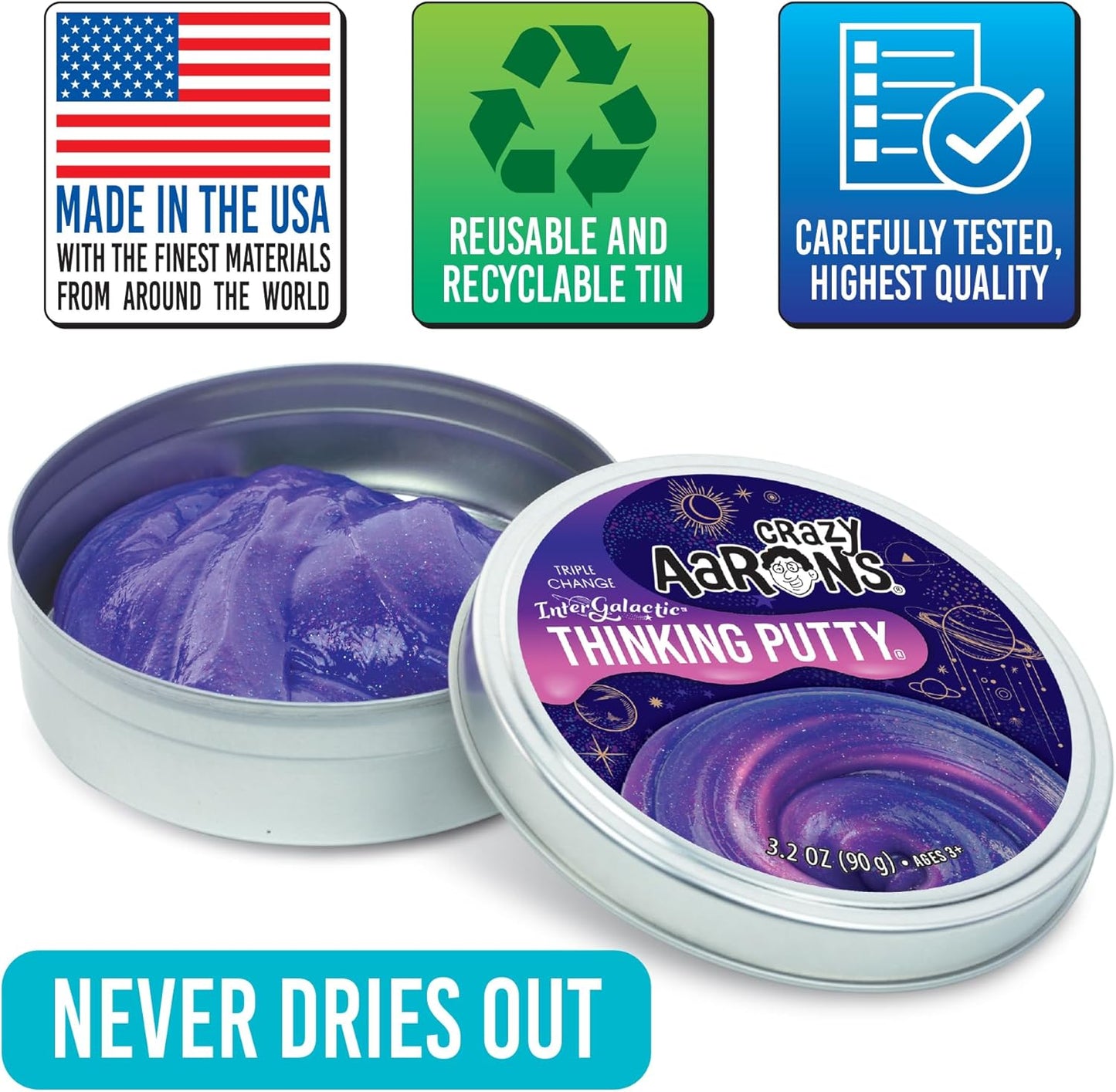 Crazy Aaron's Thinking Putty - Intergalactic - Triple Color Changing Putty for Kids and Adults in a 4" Tin - Creative and Endless Fun, Stress Relief Therapy Toys, Never Dries Out - Made in USA