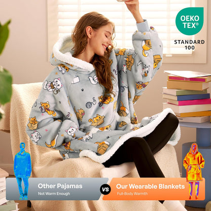Giggling Getup Wearable Blanket Hoodie for Adults Gifts for Teen Girls Sister Women Sherpa Fleece Printed Hooded Blanket Sweatshirt Warm Cozy with Pocket & Sleeves Beige Cat