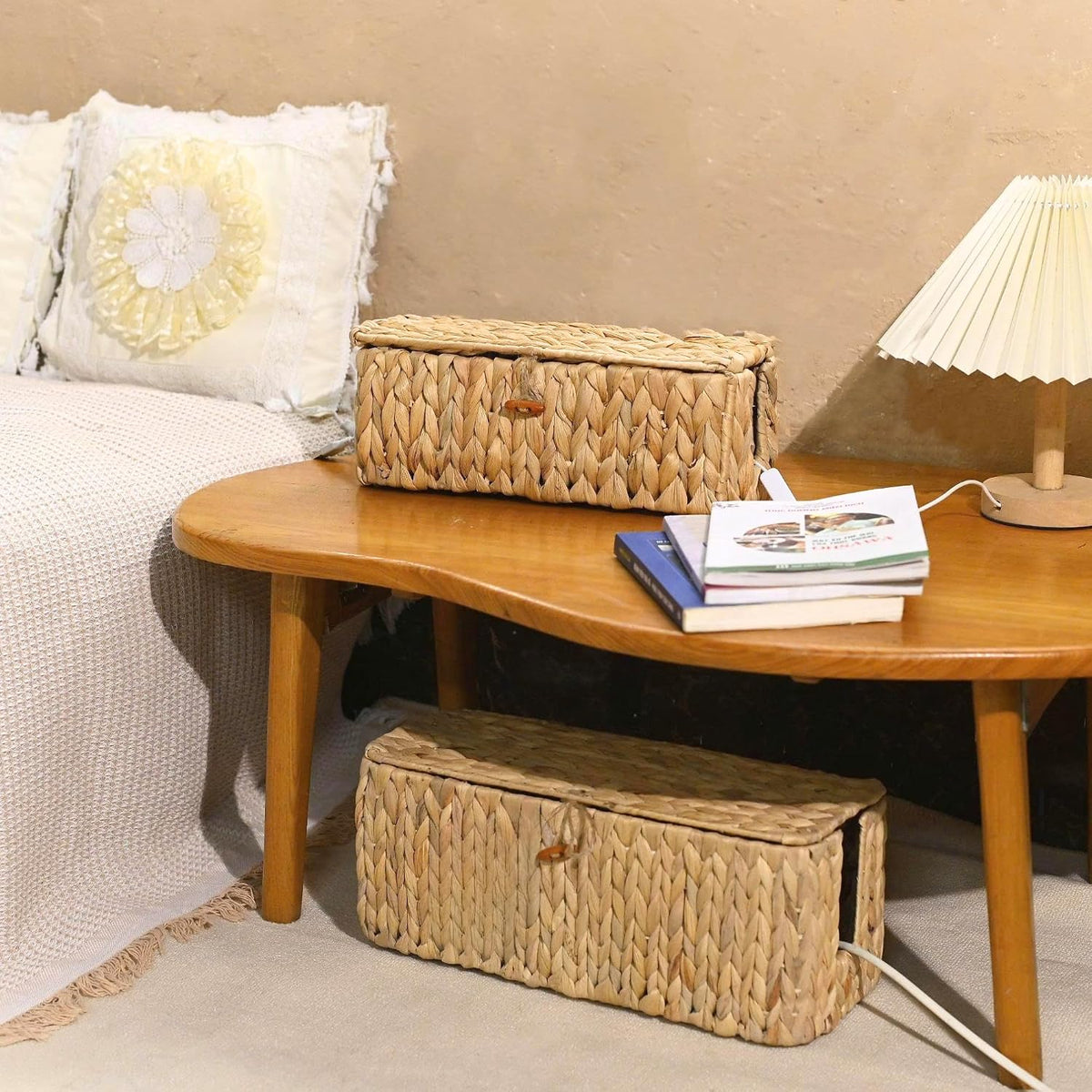 Wicker Cable Management Box Set of 2 with Lid, 15 in, Natural
