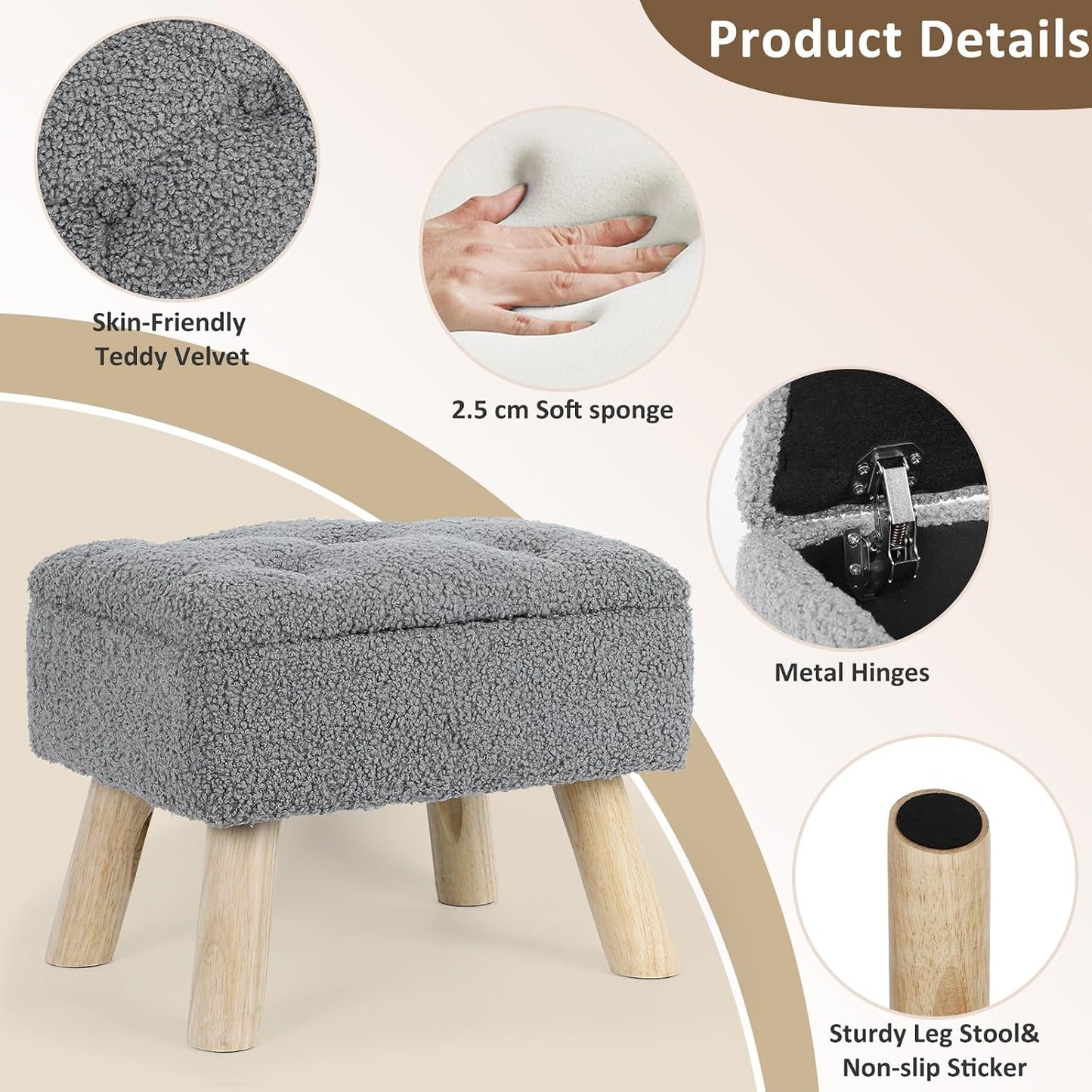 OGEMXU Storage Ottoman, Small Foot Stool Ottoman with Storage, Boucle Teddy Velvet Foot Rest with Padded Seat, Sturdy Wood Legs Stool for Living Room, Bedroom, Couch, Enterway (Cream)