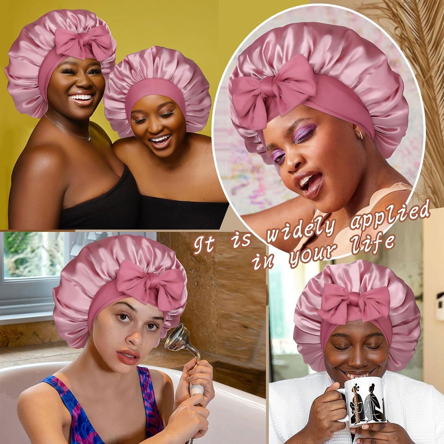 Satin Bonnet for Sleeping Cap Double Layer Hair Bonnet with Elastic Tie Band for Curly Hair Night Cap (Bean Paste + Pink)