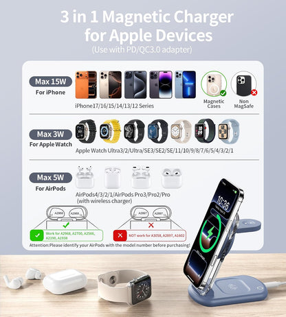 Mukiya 3 in 1 Magnetic Wireless Charging Station for Apple Devices