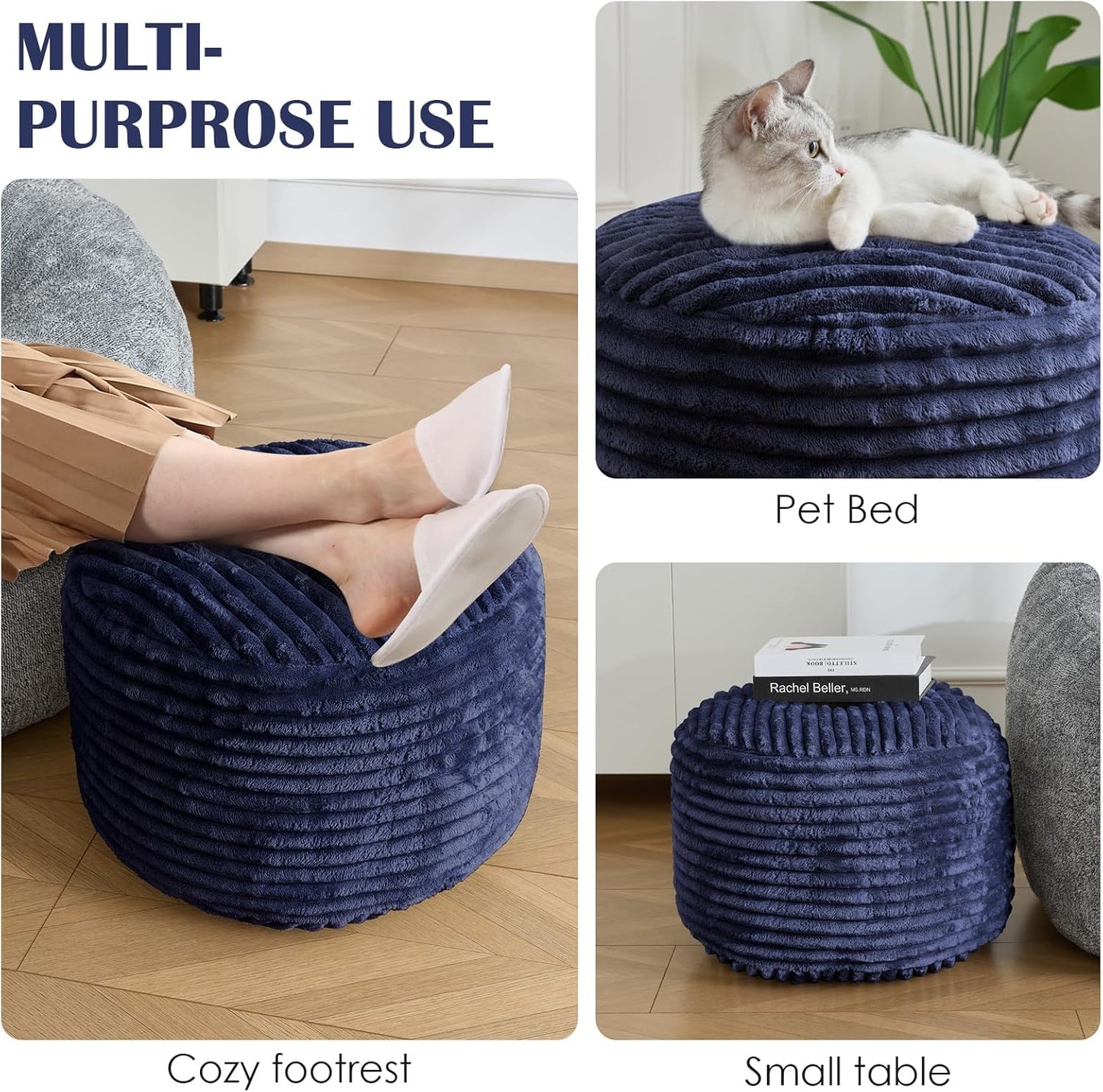 SHOUREN Stuffed Round Ottoman,Corduroy Pouf Ottoman Foot Rest with Foam Filling,Pouf Storage Ottoman Footstool for Living Room,20 X 15 Floor Poufs for Couch,Footrest Only - 20 X 15 Inches,Beige