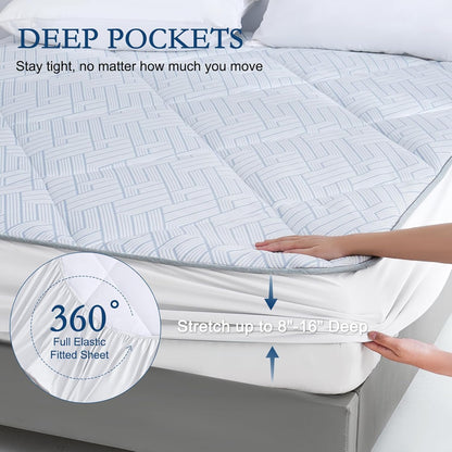 YOUR MOON Cooling Mattress Pad Queen Size for Hot Sleepers, Soft Breathable Noiseless Bed Pad Mattress Cover, Quilted Fitted Pillow Top Mattress Cover with 8"-16" Deep Pocket (Blue White, 60x80)