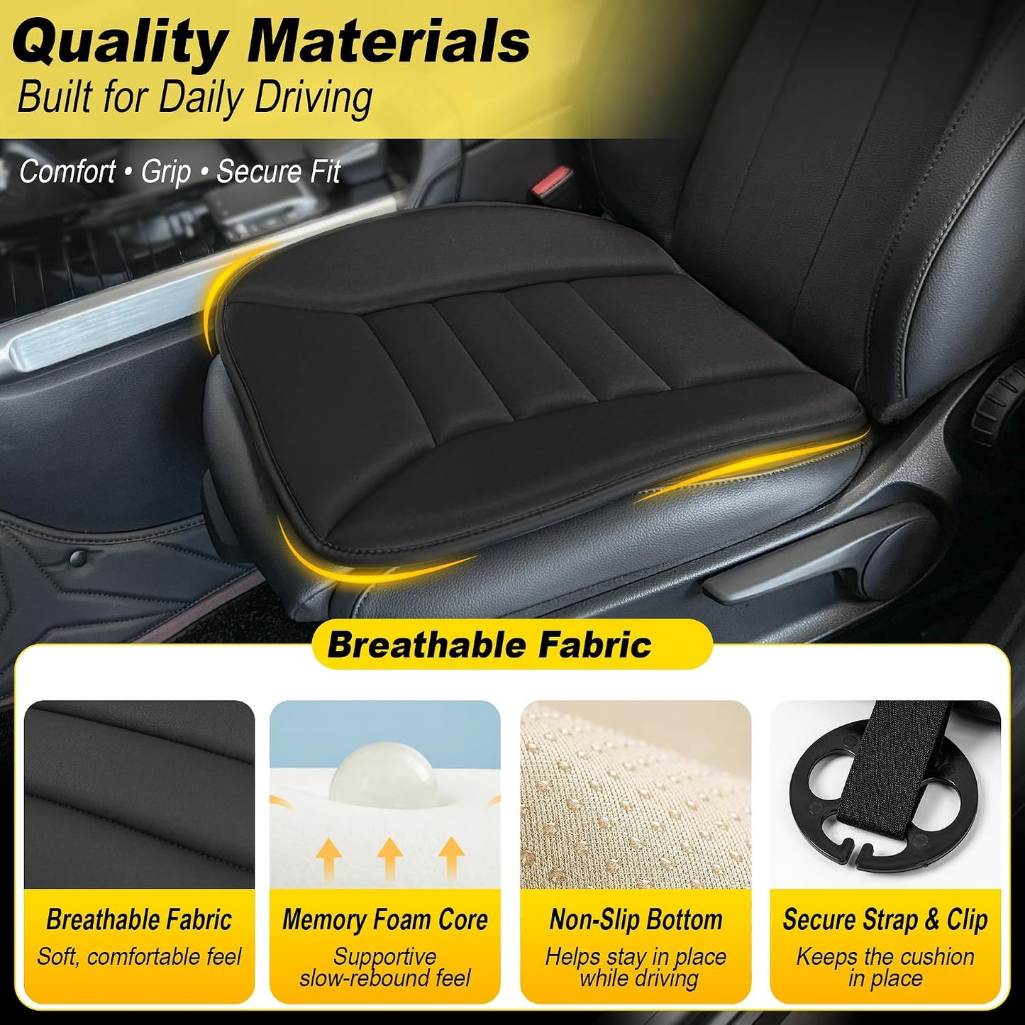 kingphenix Car Seat Cushion with 1.2inch Comfort Memory Foam, Seat Cushion for Car and Office Chair (Black)