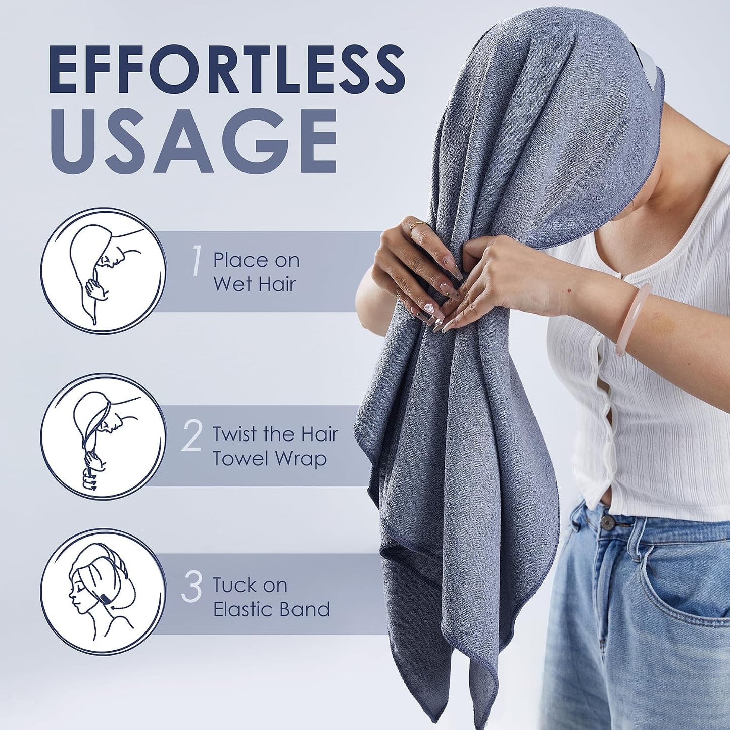 SimpleField Large Microfiber Hair Towel Wrap (27x40 Inches) for Women, Anti-Frizz Flat Rectangle Drying Towel with Full Hair Coverage Design, Elastic Band for Long, Curly and Thick Hair (Beige)