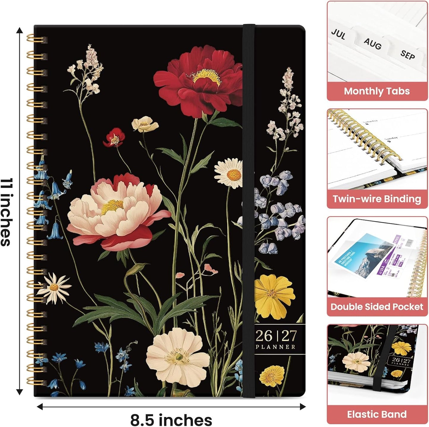 Planner 2026-2027, Academic Monthly and Weekly Calendar Planner for Women, July 2026 - June 2027, Hardcover Pretty Agenda Planner Book with Tabs, Spiral Daily Organizer for School Office Home Supplies, 6.3" x 8.5" - Blue Floral