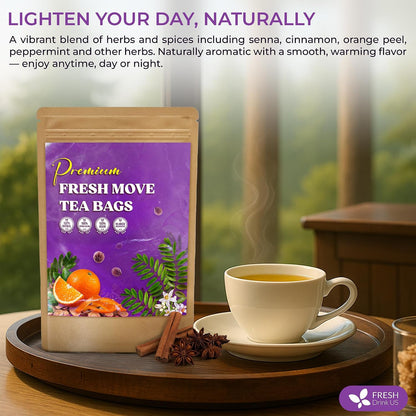 FreshDrinkUS, Fresh Move Tea – 75 Tea Bags - Herbal Tea Blend with Senna Leaves, Cinnamon, Orange Peel, Ginger & More – Caffeine-Free, Natural Ingredients – Smooth Flavor for Everyday Enjoyment