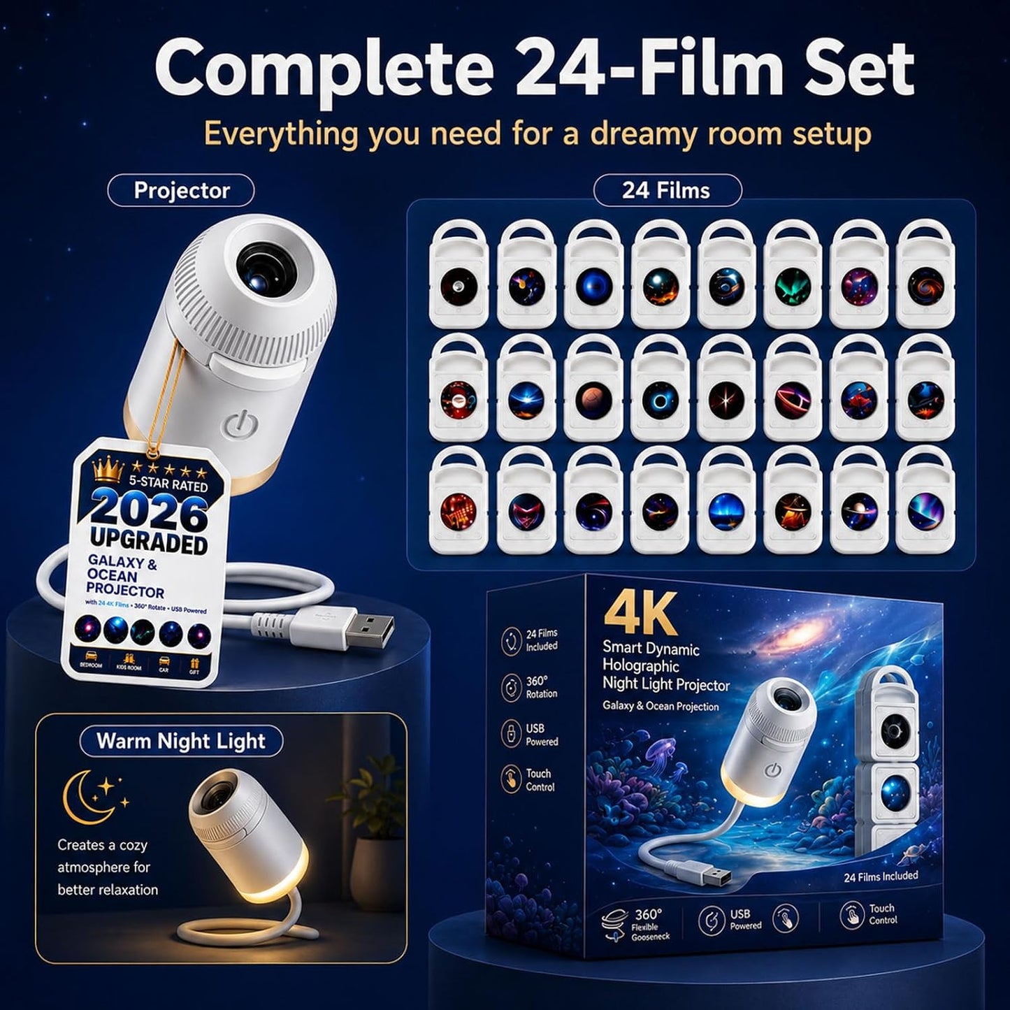 HD Smart Dynamic 5D Holographic Night Light Projector, Plug and Play 2-in-1 Galaxy Star and Ocean Projector with 24 Films, 360 Rotating USB Powered Ceiling Light for Bedroom Decor (With 3 Films)