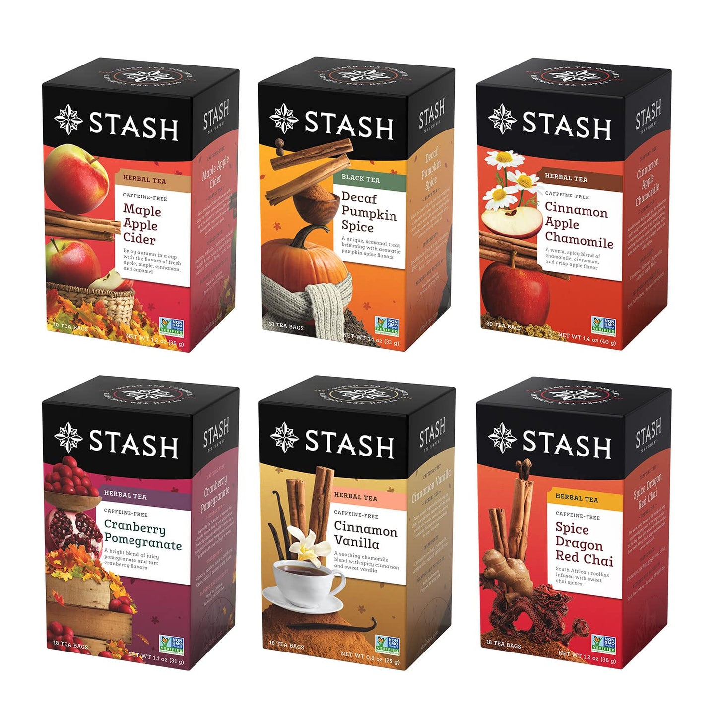 Stash Tea Soothing Herbal Tea 6 Flavor Variety Pack, 6 Boxes With 18-20 Tea Bags Each