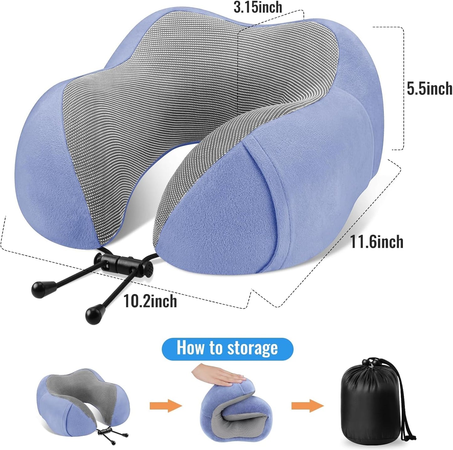 CloudBliss Travel Pillow for Airplane, Memory Foam Neck Pillow for Travel, Compact Flight Pillow with Eye Mask, Earplugs, Carry Bag, Travel Neck Pillow for Long Flight Sleep, Plane Accessories, Black