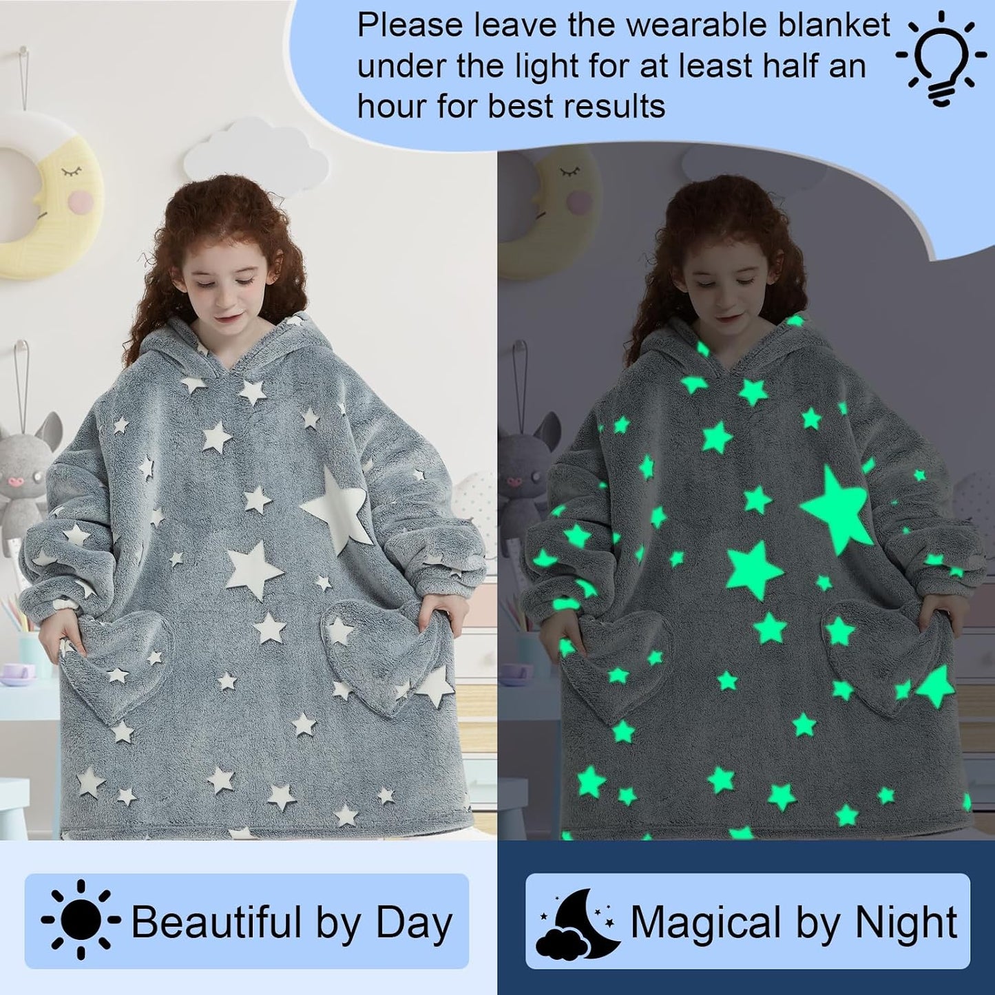 Fiosnow Glow in the Dark Unicorn Blanket Hoodies for Kids 6-13YR Oversize Wearable Blanket Hoodies for Boys Girls Teens