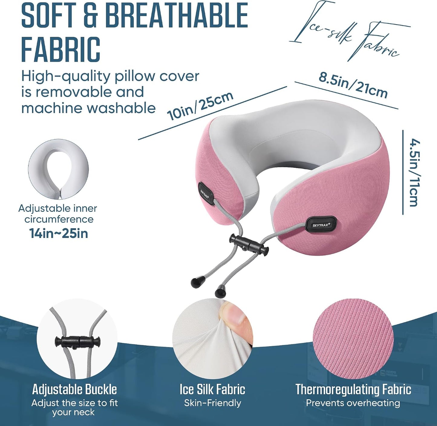 SKYTRAX COMF® Premium Ergonomic Memory Foam Travel Neck Pillow, Washable Cooling Ice Silk Cover, Firm Neck Support for Airplane Long Flights & Pain Relief, with Portable Carry Case (Grey)