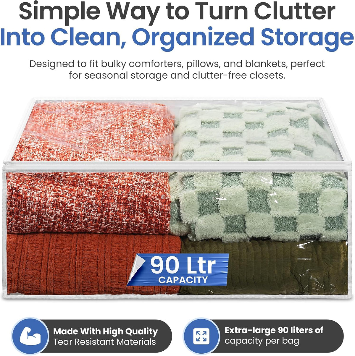 Handy Laundry Comforter Storage Bag – Large 90L Clear Zippered Organizer for Blankets, Bedding, Clothes & Pillows, Durable Plastic Storage for Closet, Moving, Under Bed – Dust & Moisture Protection