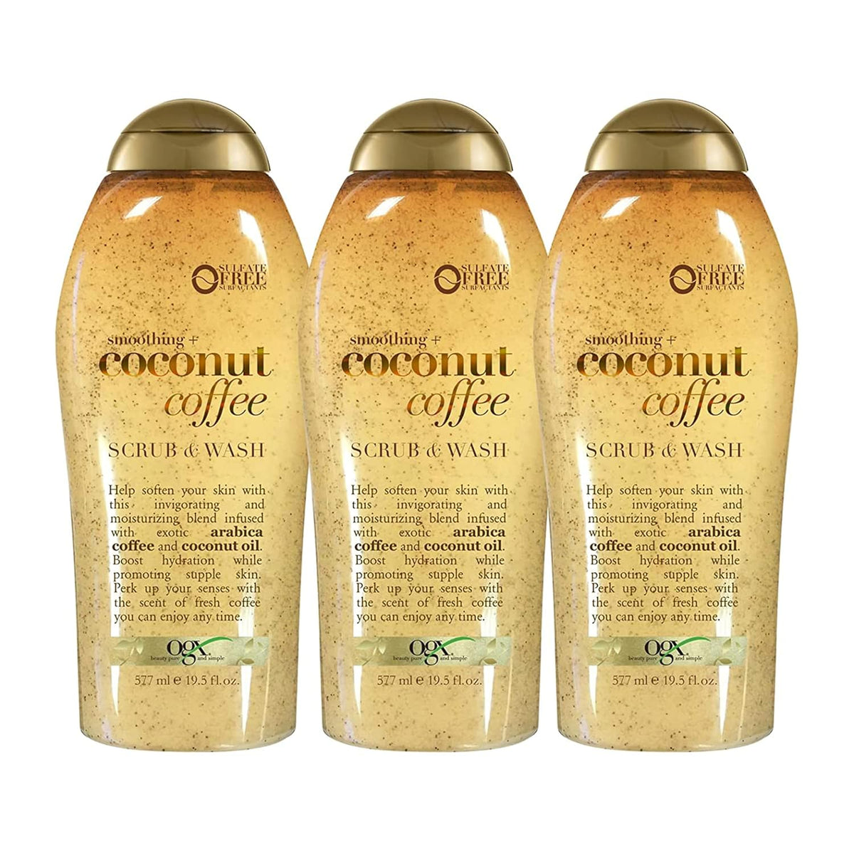 OGX Smoothing + Coconut Coffee Exfoliating Body Scrub with Arabica Coffee & Coconut Oil, Moisturizing Body Wash for Dry Skin, Paraben-Free with Sulfate-Free Surfactants, 19.5 Fl Oz, 2 Pack