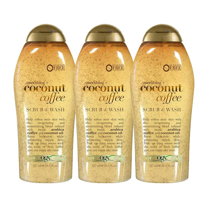 OGX Smoothing + Coconut Coffee Exfoliating Body Scrub with Arabica Coffee & Coconut Oil, Moisturizing Body Wash for Dry Skin, Paraben-Free with Sulfate-Free Surfactants, 19.5 Fl Oz, 2 Pack
