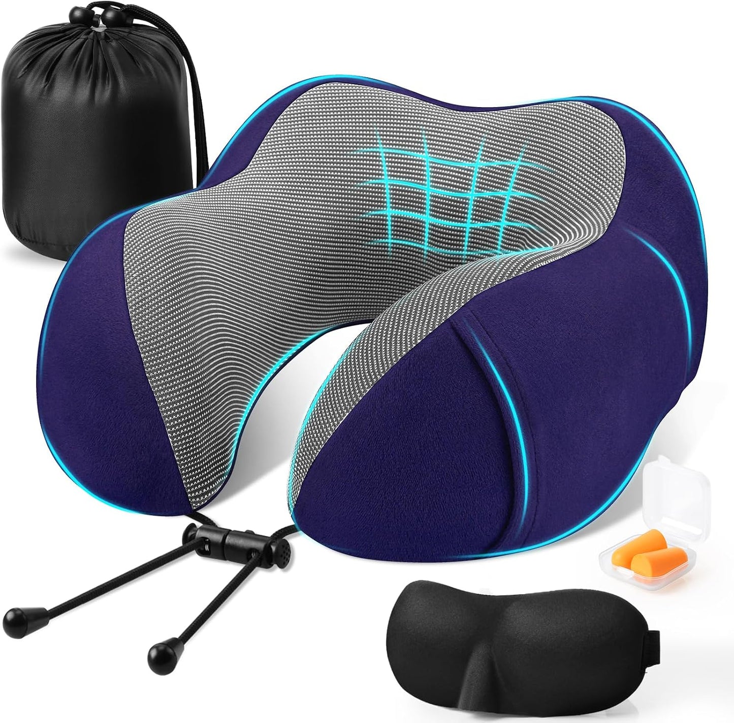 CloudBliss Travel Pillow for Airplane, Memory Foam Neck Pillow for Travel, Compact Flight Pillow with Eye Mask, Earplugs, Carry Bag, Travel Neck Pillow for Long Flight Sleep, Plane Accessories, Black
