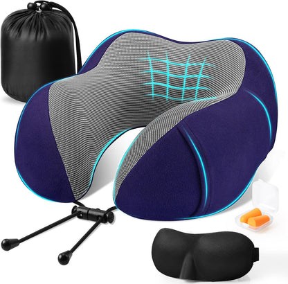 CloudBliss Travel Pillow for Airplane, Memory Foam Neck Pillow for Travel, Compact Flight Pillow with Eye Mask, Earplugs, Carry Bag, Travel Neck Pillow for Long Flight Sleep, Plane Accessories, Black