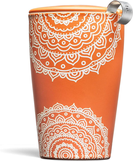 Tea Forte Double-Walled Ceramic Kati Cup, Removable Stainless Steel Infuser Basket and Lid, Steeps 12 oz Loose Leaf Tea, Dishwasher & Microwave Safe, Cherry Blossom